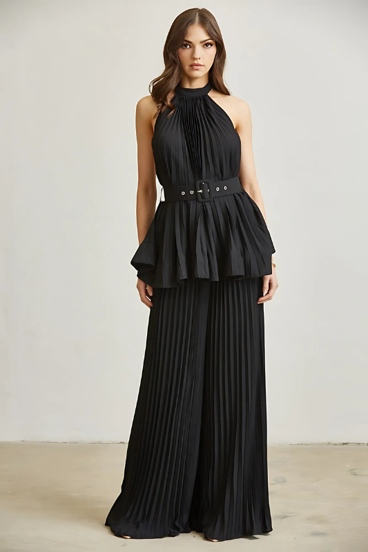 LUXE ALLURE Midnight in Monaco Chiffon Pleated Pant Set black