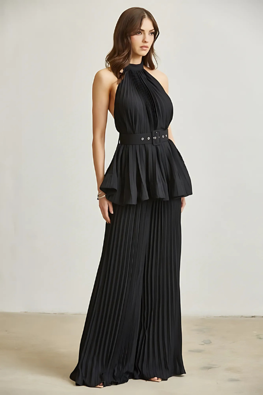 LUXE ALLURE Midnight in Monaco Chiffon Pleated Pant Set black