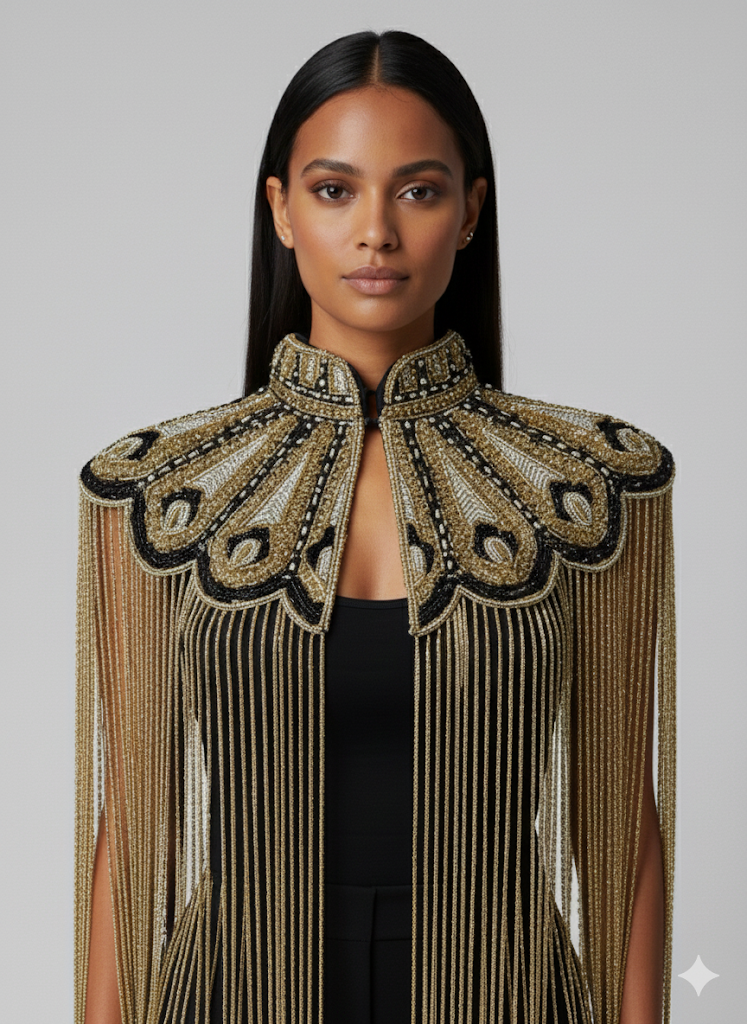 Gilded Fleur Cape Gold Black Silver Beaded fringe Wrap Dressy Formal
