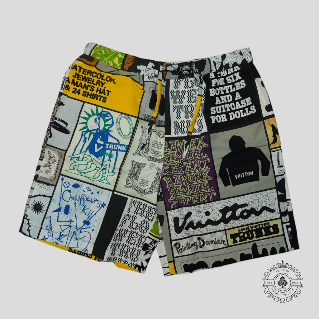 Louis Vuitton Fanzine Print Drawstring Shorts in Multicolor 54 men's silk