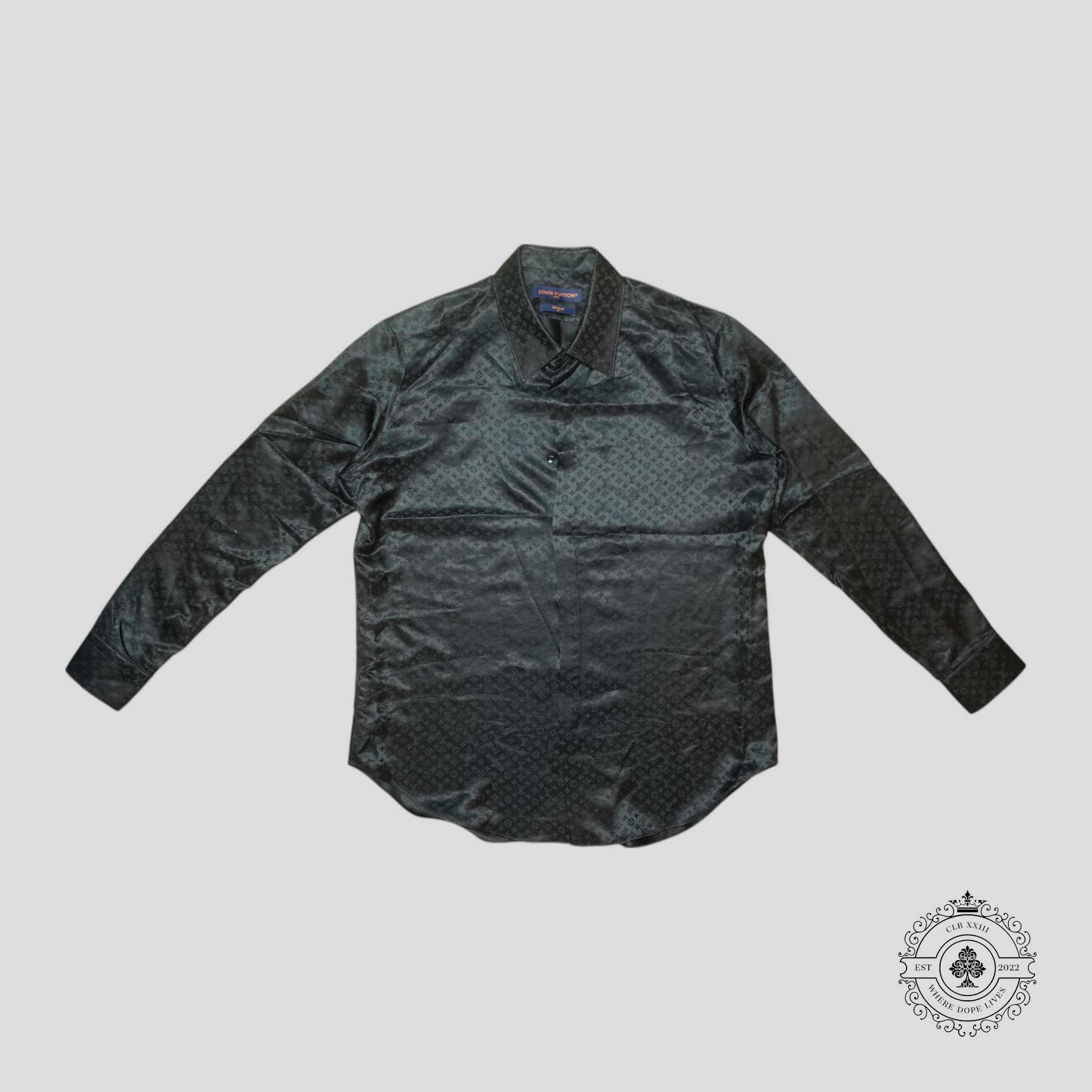Louis Vuitton Monogram Jacquard Long Sleeve Button Up Silk Shirt in Black men's 43