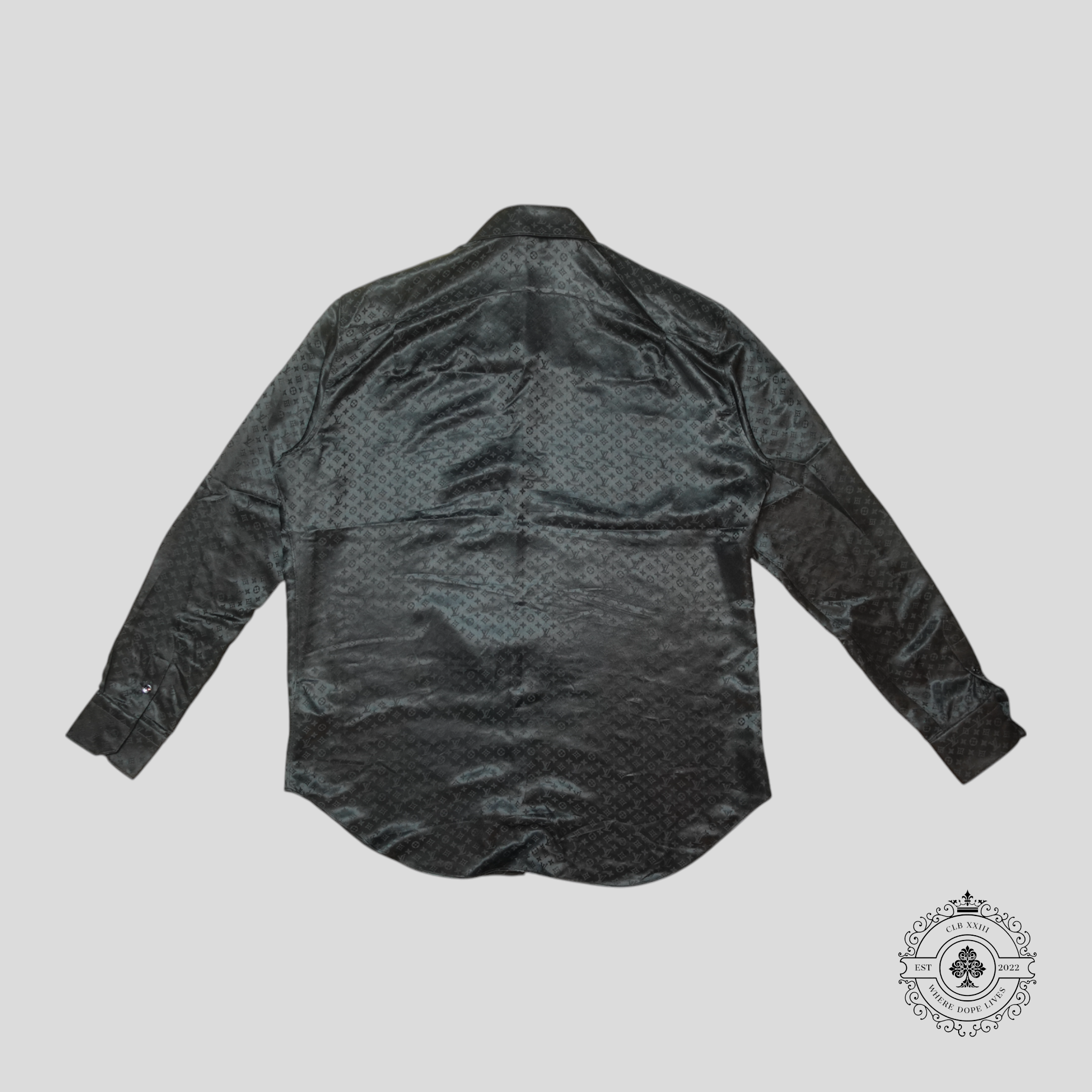 Louis Vuitton Monogram Jacquard Long Sleeve Button Up Silk Shirt in Black men's 43