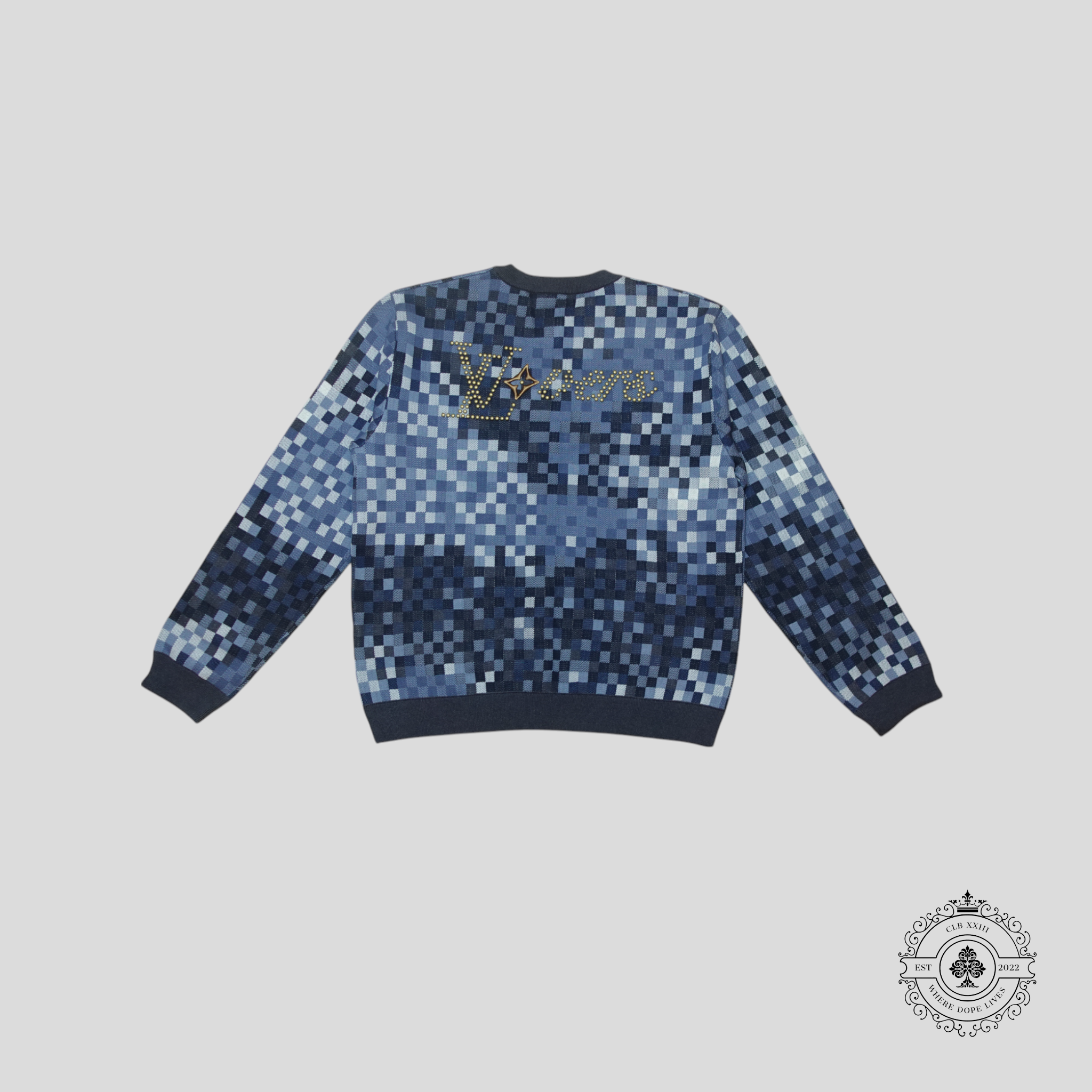 Louis Vuitton LV Lovers Damoflage Jacquard Pullover in Blue sweater jumper XL unisex