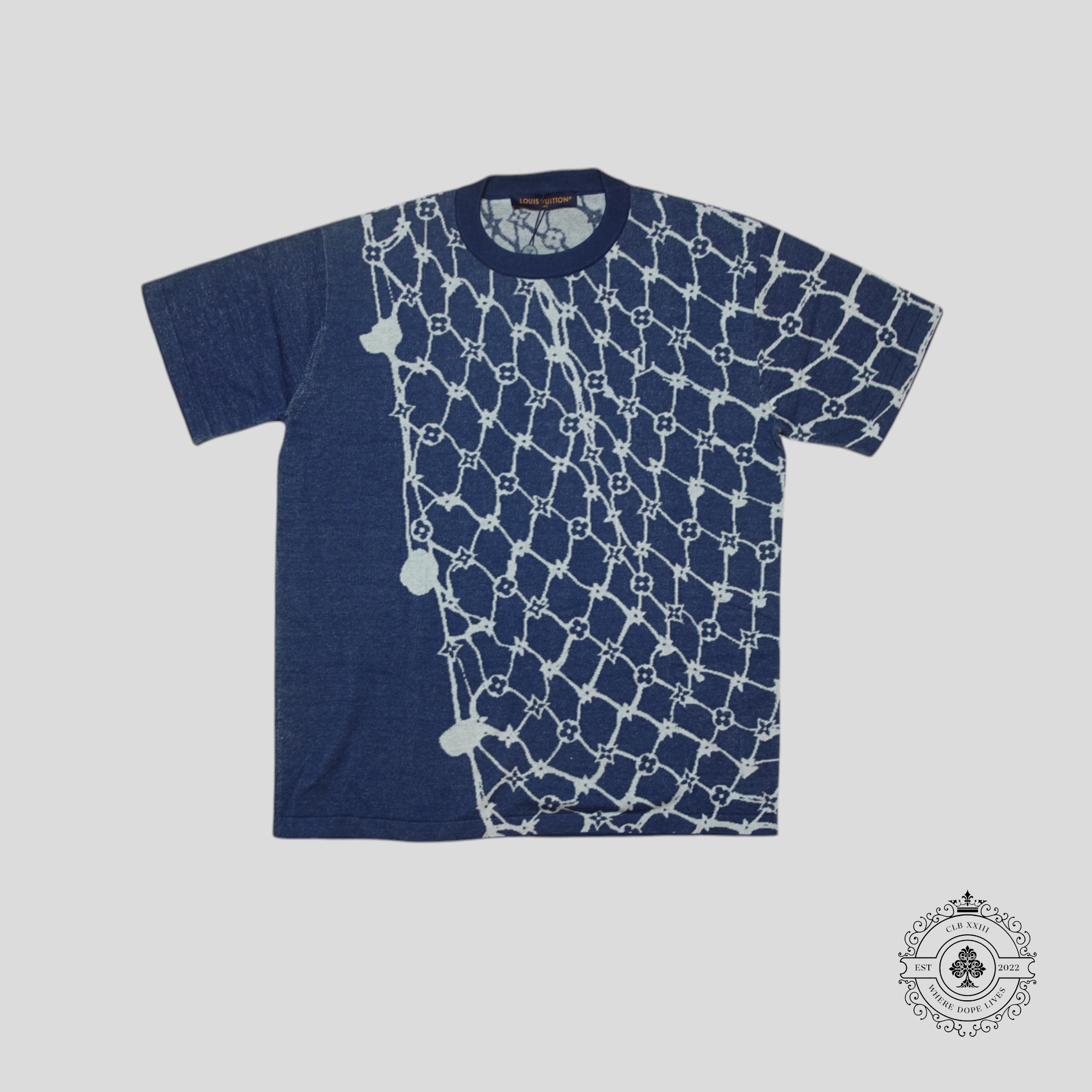 Louis Vuitton Monogram Fishnet Short Sleeve Knit Shirt in Blue tee men's unisex LG