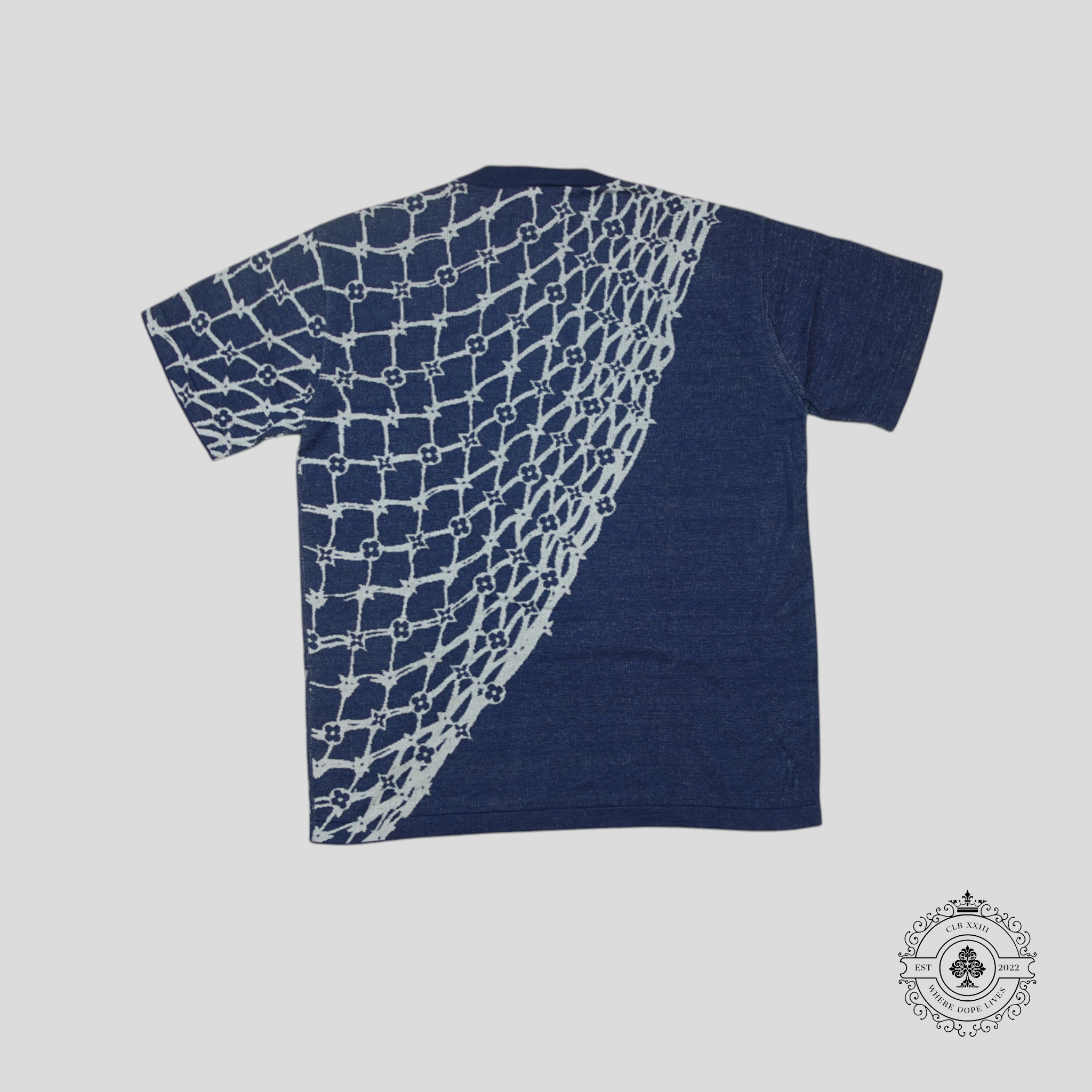 Louis Vuitton Monogram Fishnet Short Sleeve Knit Shirt in Blue tee men's unisex LG