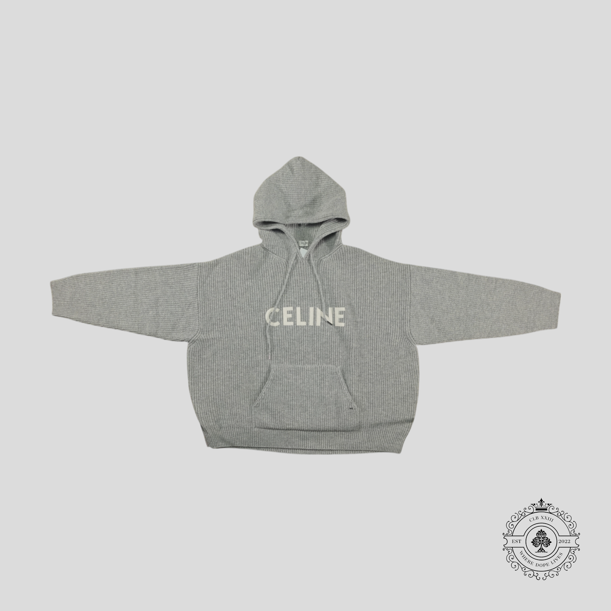 Celine Homme Logo Knit Wool Hoodie in Grey men's unisex sweatshirt