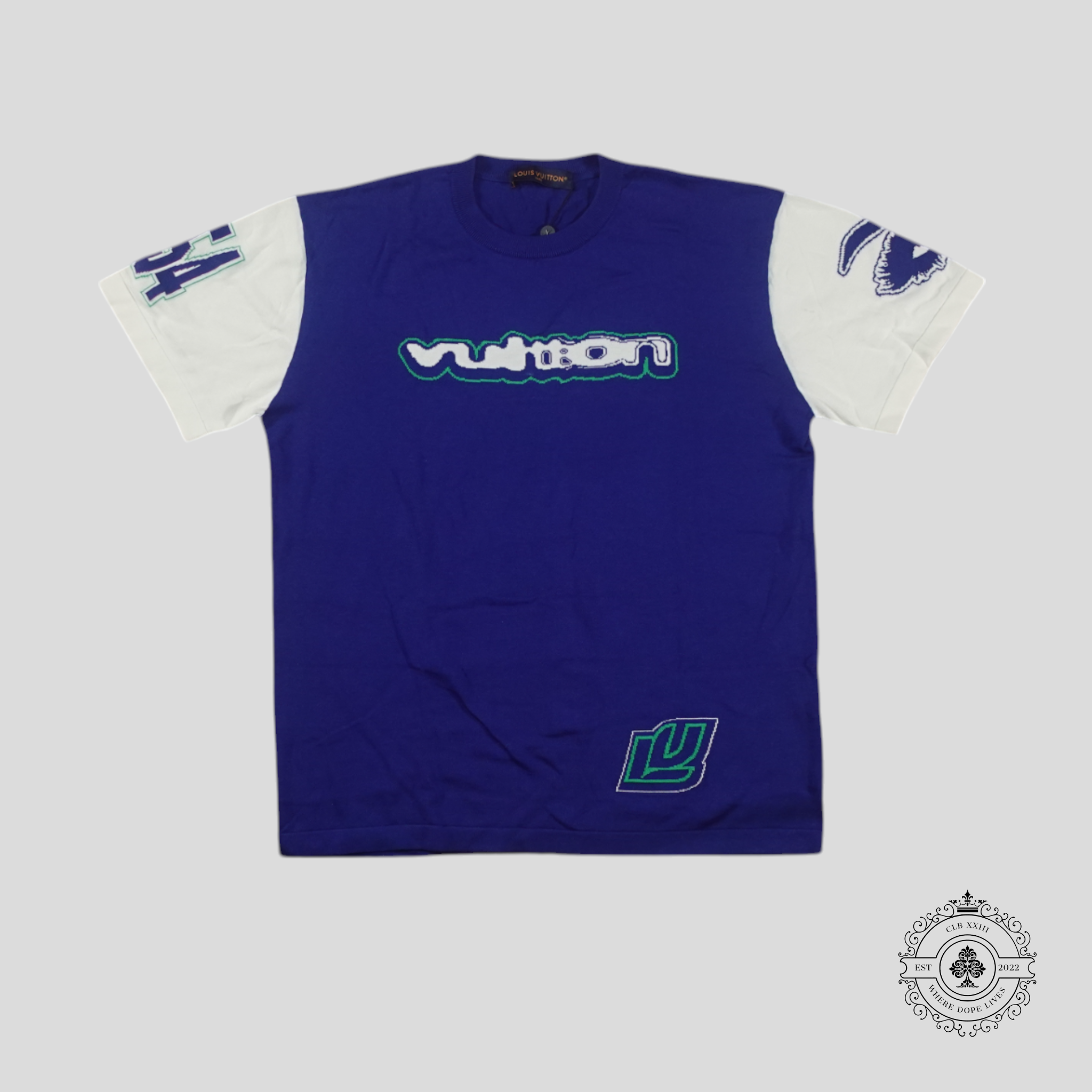 Louis Vuitton Racing Intarsia Knit Short Sleeve Crewneck in Blue shirt XL