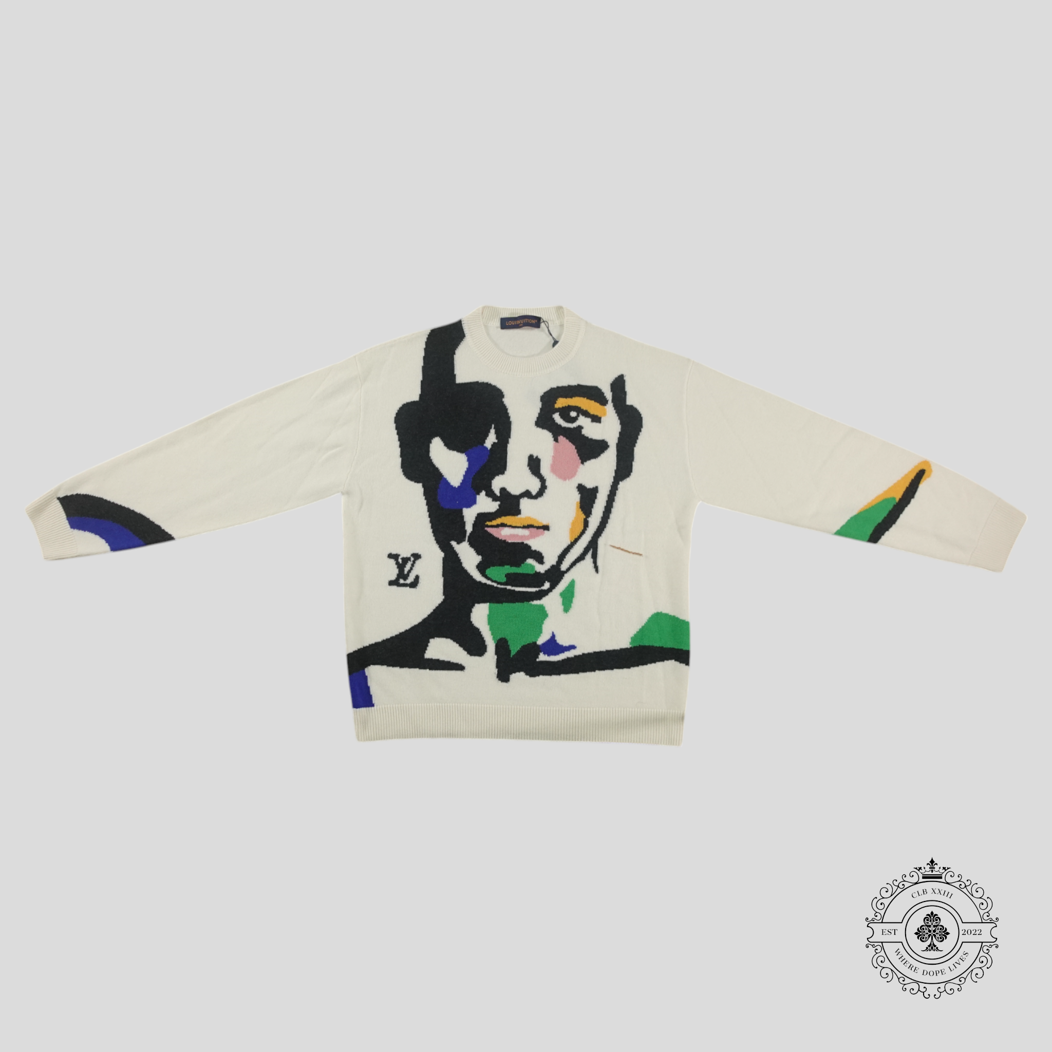 Louis Vuitton Portrait Intarsia XL Crewneck in White wool cashmere sweater men's
