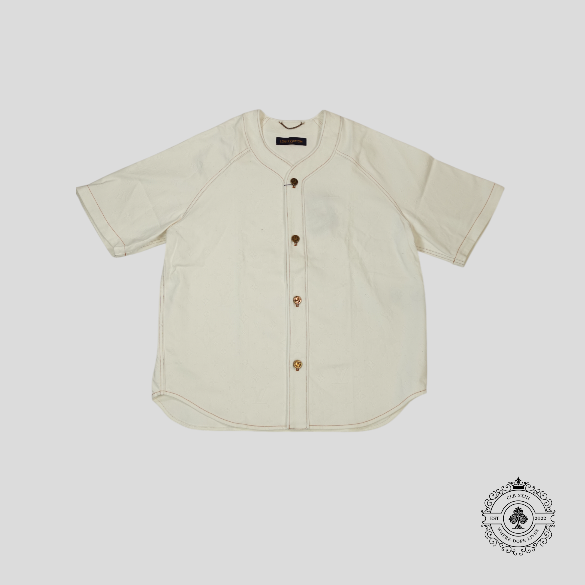 Louis Vuitton Embossed Monogram Baseball Denim Shirt in White XXL 2XL men's