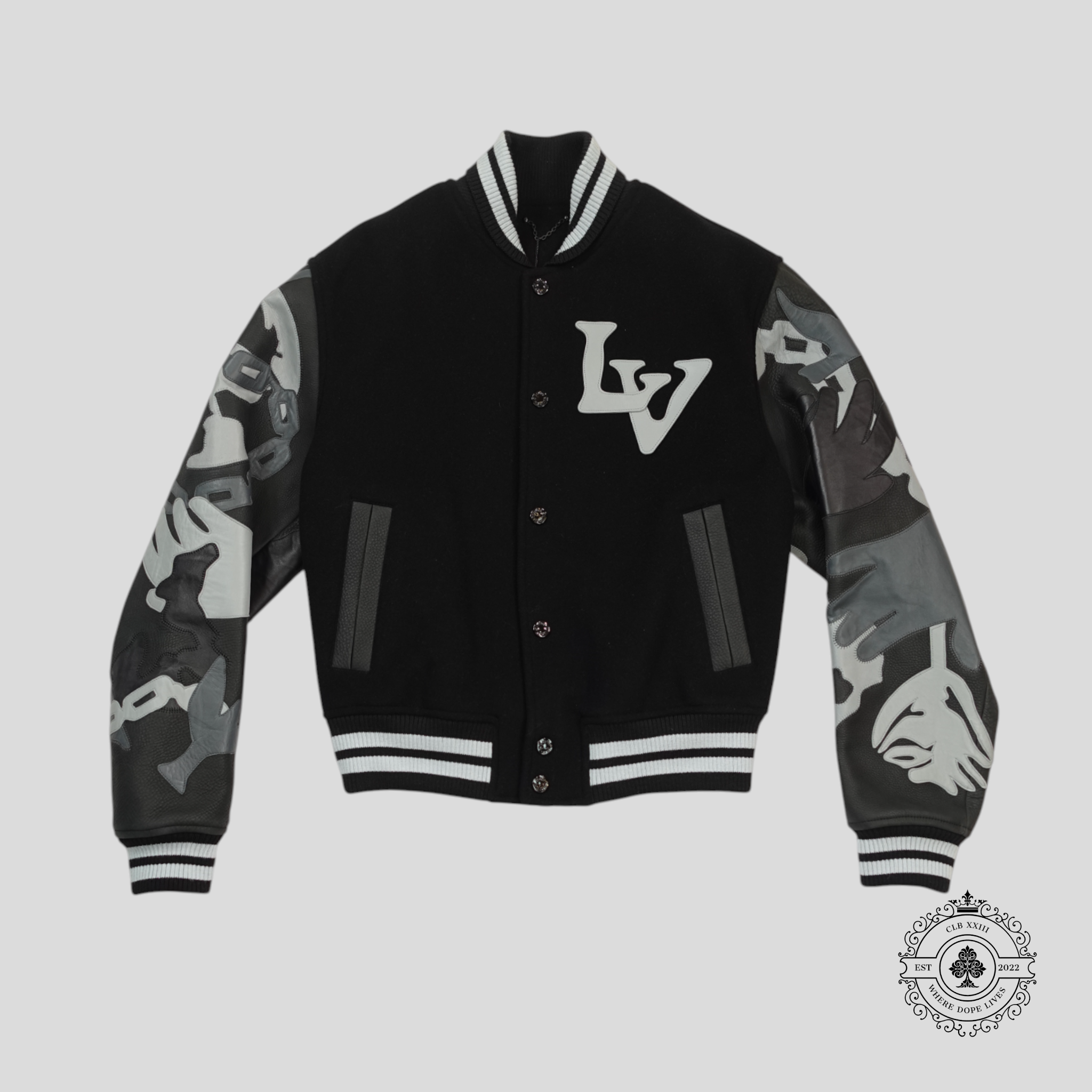Louis Vuitton Chains Camo Varsity Jacket in Black wool leather men's 50 52