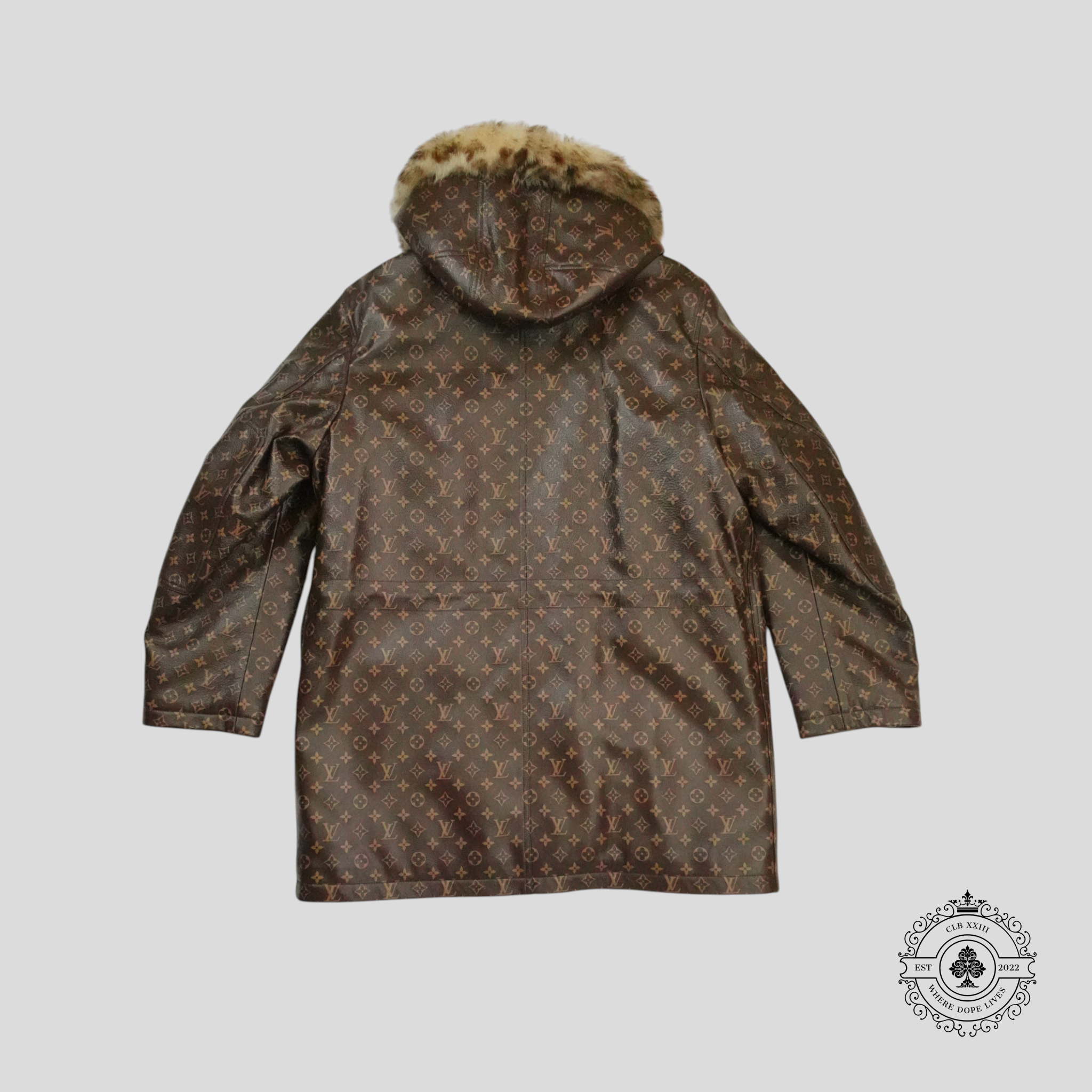 Louis Vuitton Leather Monogram Printed Parka in Brown calf leather coat jacket unisex 52