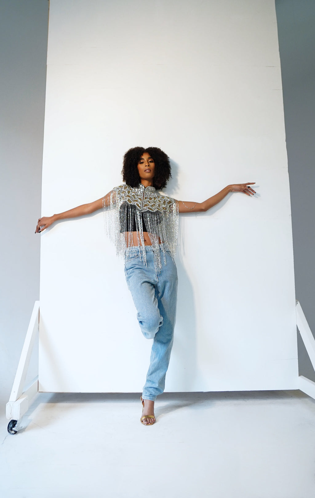 Gilded Halo Cape Silver Gold Beaded fringed Formal Evening Party