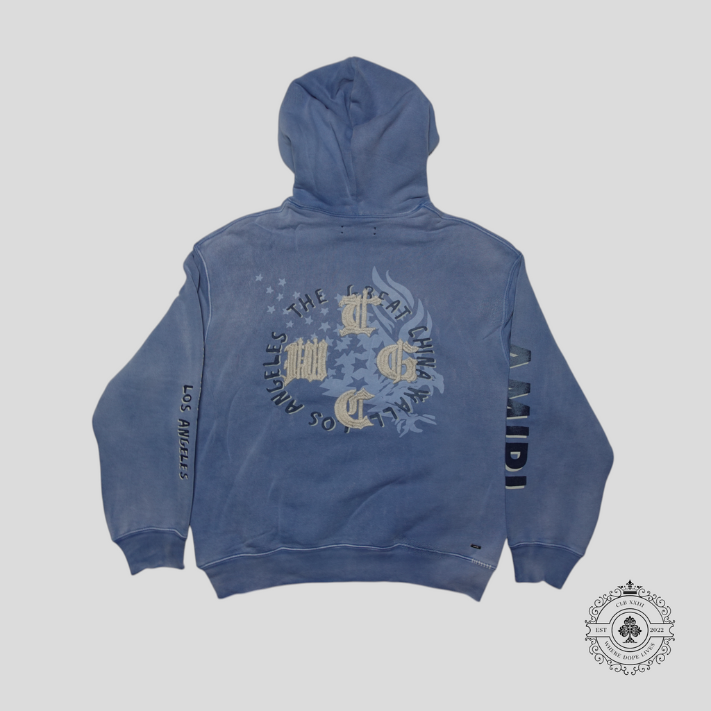 Amiri The Great China Wall Hoodie in Blue men's unisex pullover sweatshirt