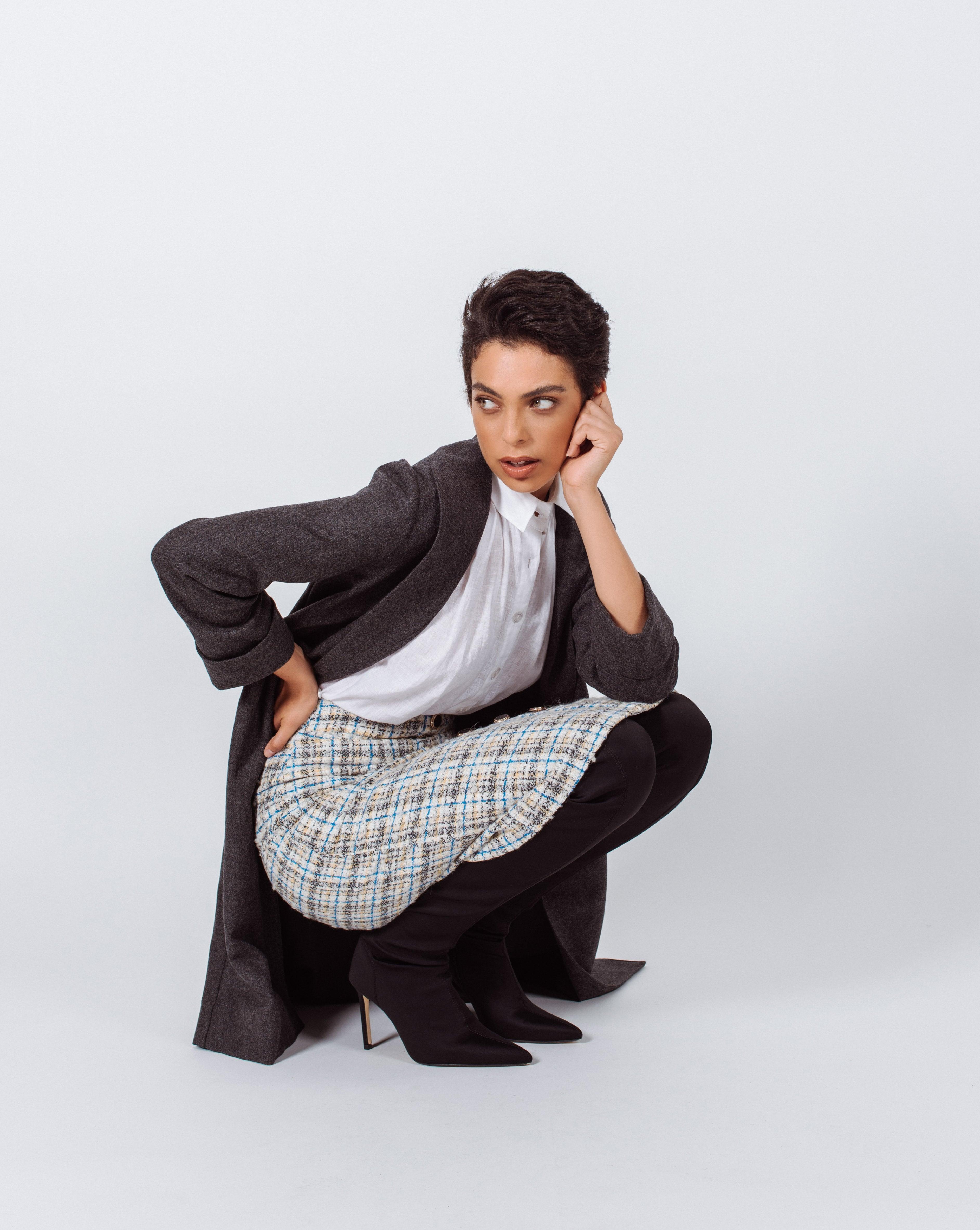 Worsted Wool Flannel Long Trench Coat Gray Ladies Elegant Outerwear