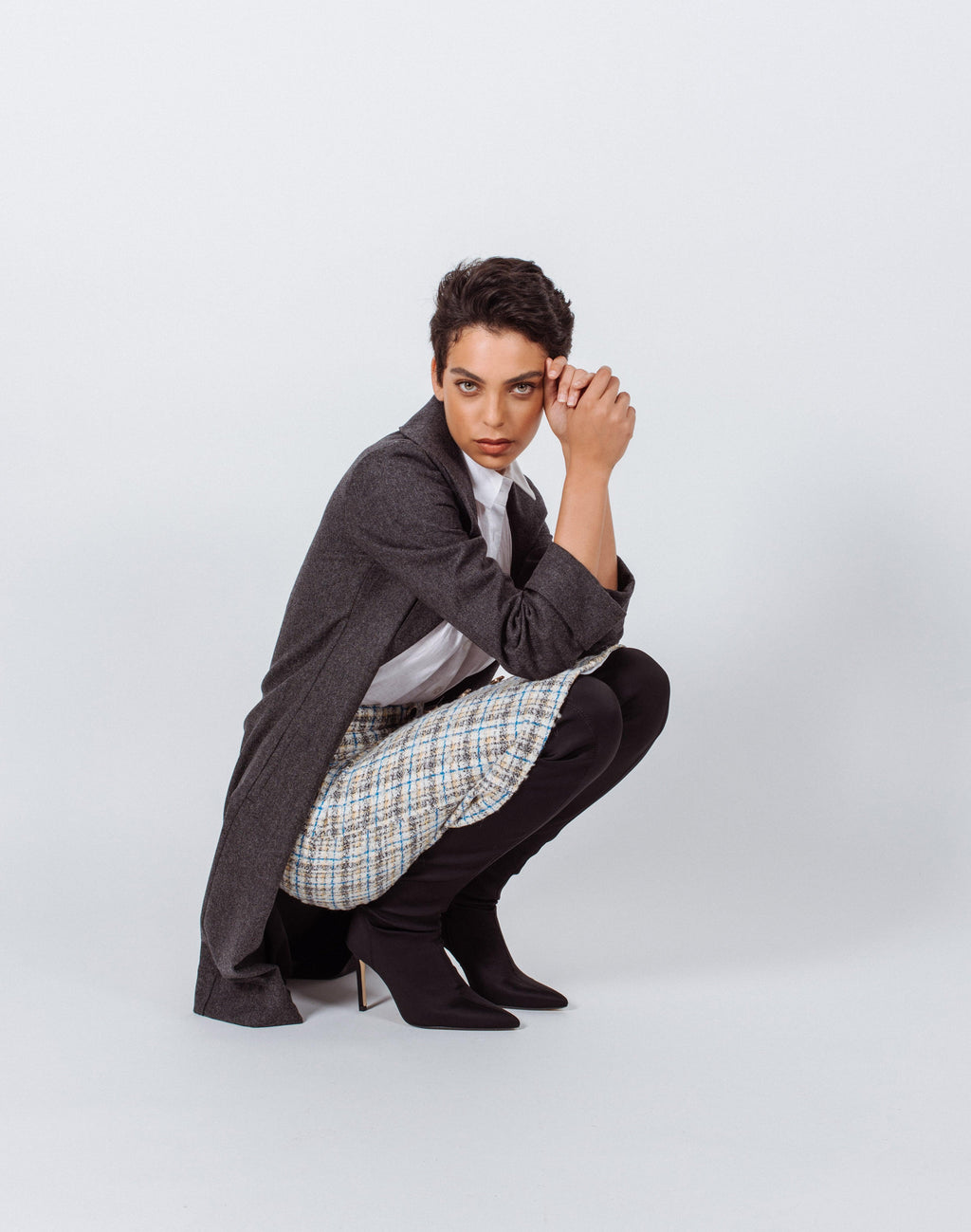 Worsted Wool Flannel Long Trench Coat Gray Ladies Elegant Outerwear