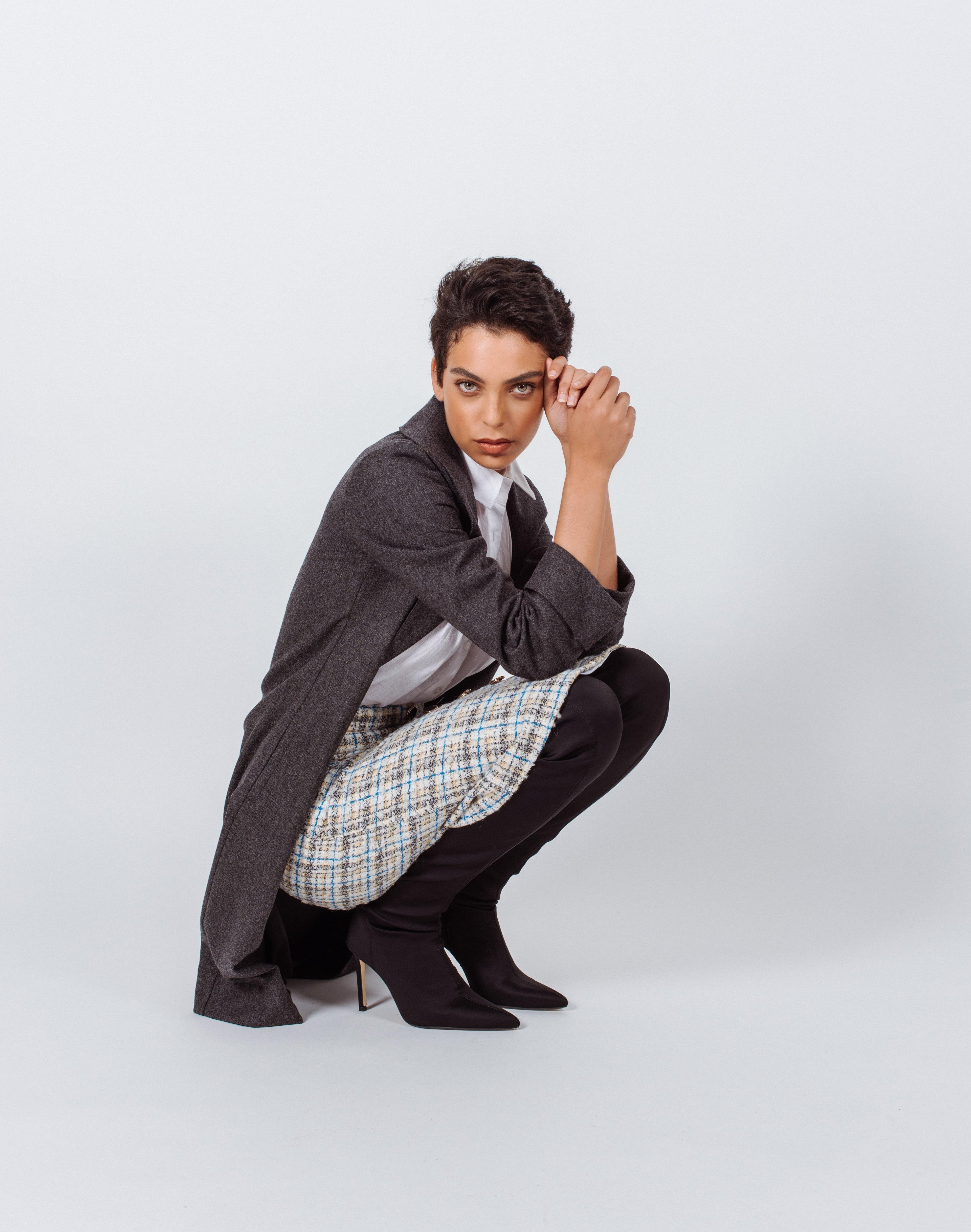 Worsted Wool Flannel Long Trench Coat Gray Ladies Elegant Outerwear