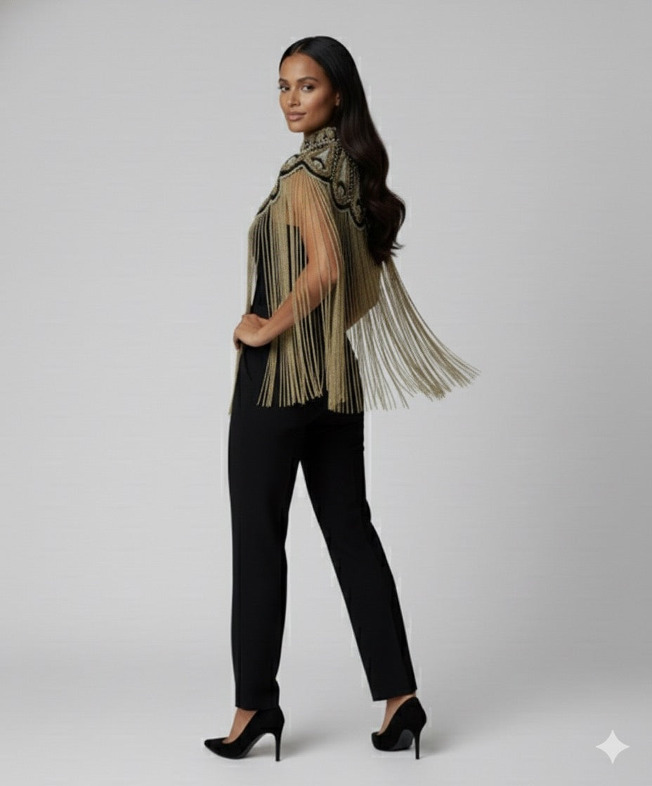 Gilded Fleur Cape Gold Black Silver Beaded fringe Wrap Dressy Formal