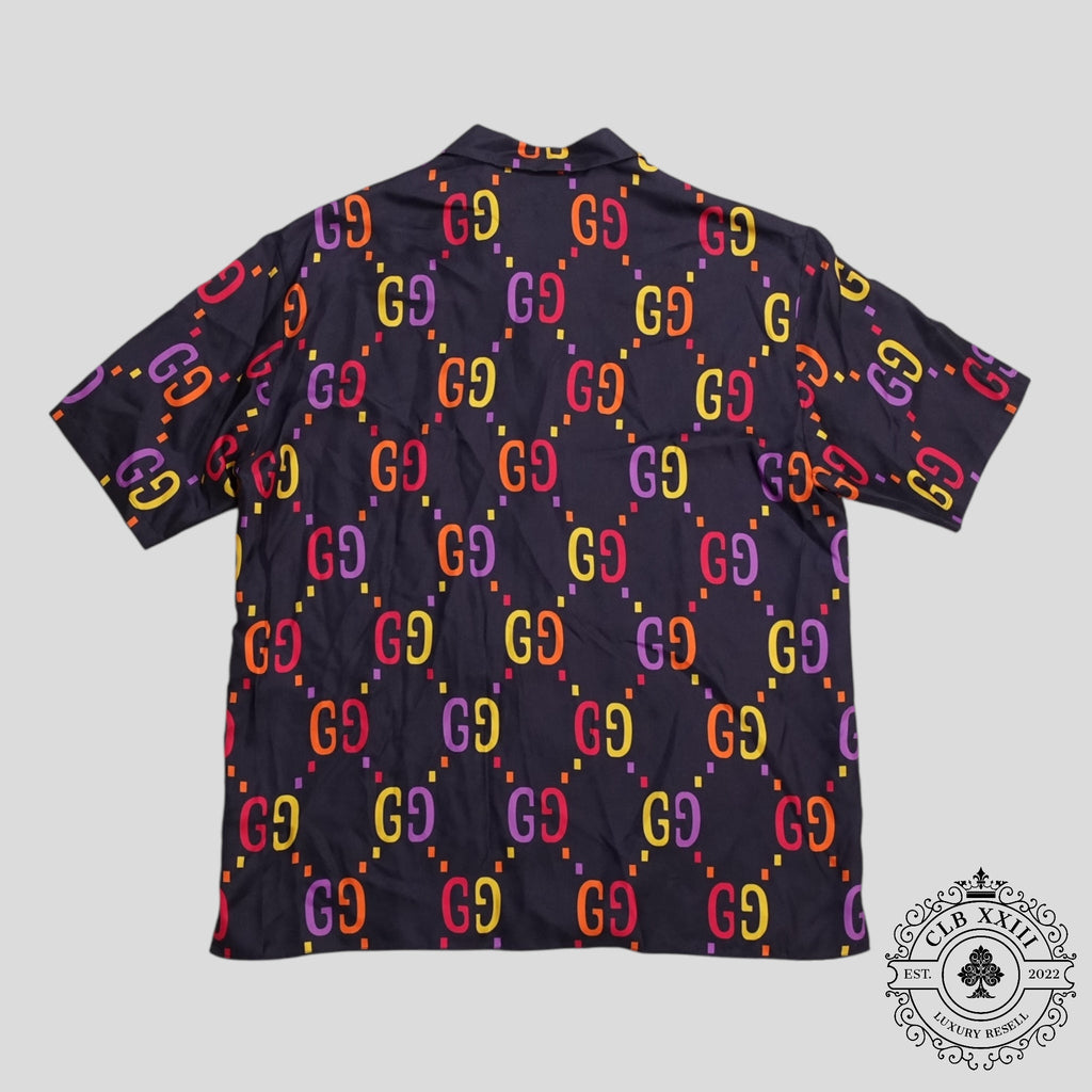 Gucci Jumbo GG Silk Button Up Shirt in Navy Blue/Multicolor men's 52 54