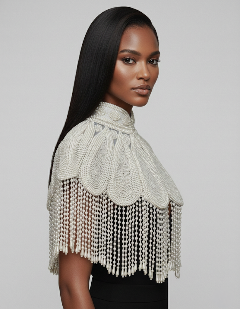 Pearl Halo Cape Ivory Hand-Beaded Fringed