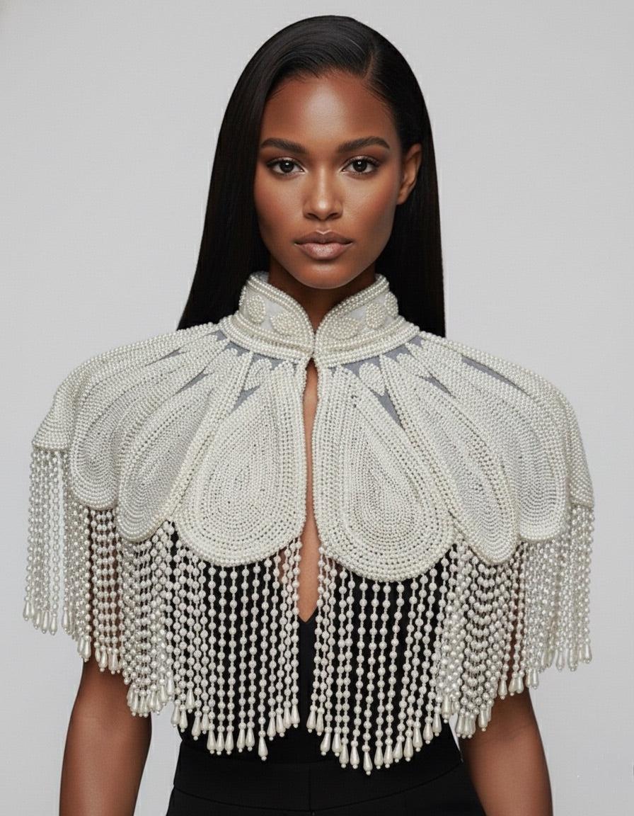 Pearl Halo Cape Ivory Hand-Beaded Fringed