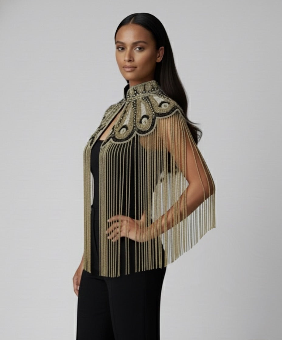 Gilded Fleur Cape Gold Black Silver Beaded fringe Wrap Dressy Formal