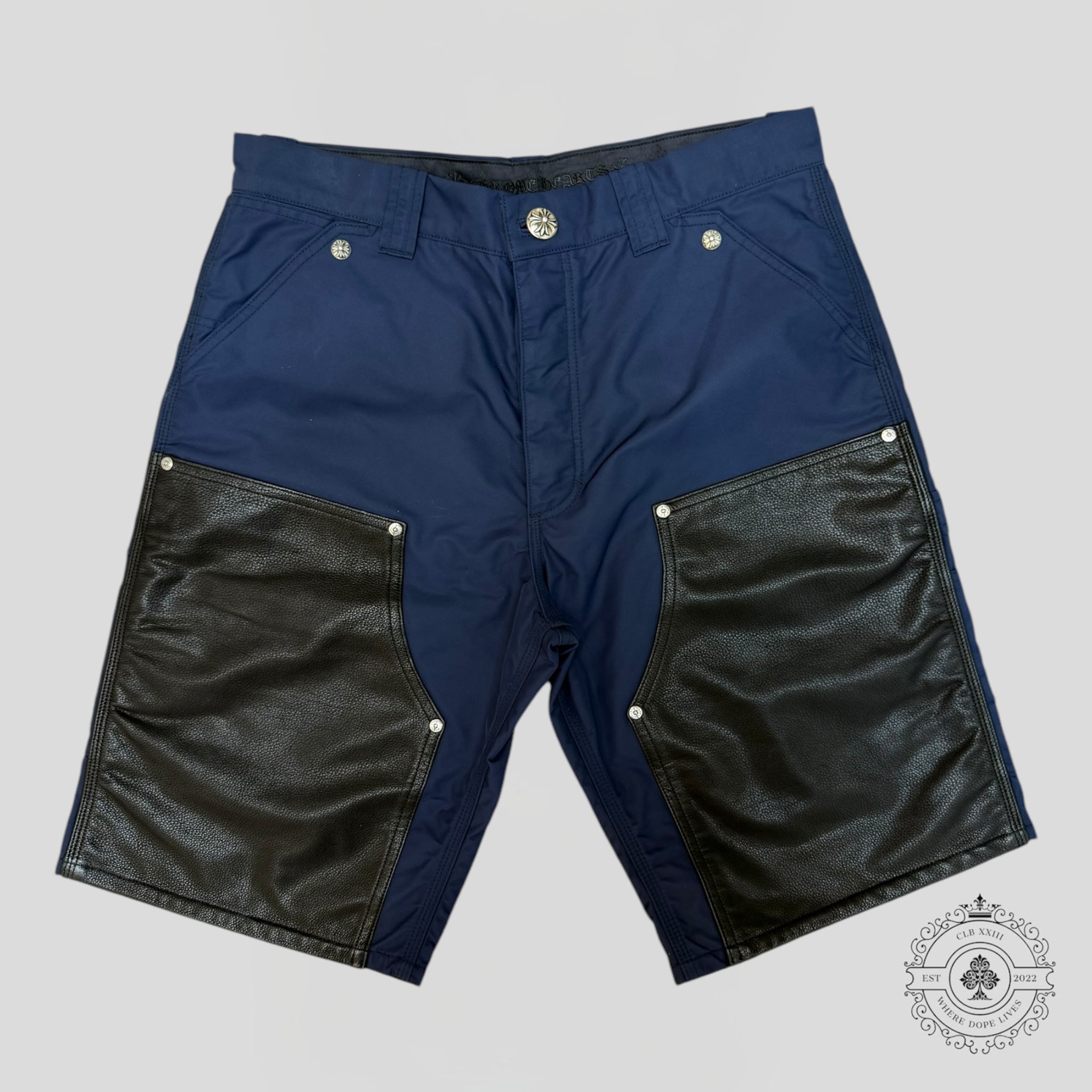 Chrome Hearts Nylon Leather Knee Shorts in Navy men's 33