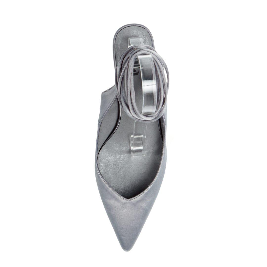 Estelle Pumps Silver ankle wrap tie satin extended sizes 9-14