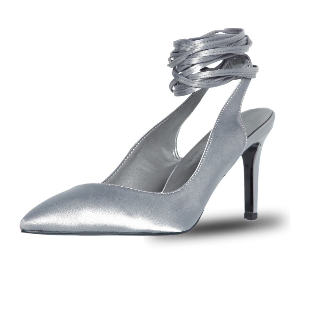 Estelle Pumps Silver ankle wrap tie satin extended sizes 9-14