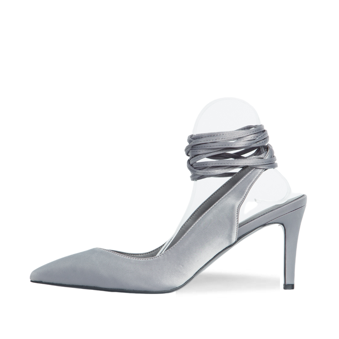 Estelle Pumps Silver ankle wrap tie satin extended sizes 9-14