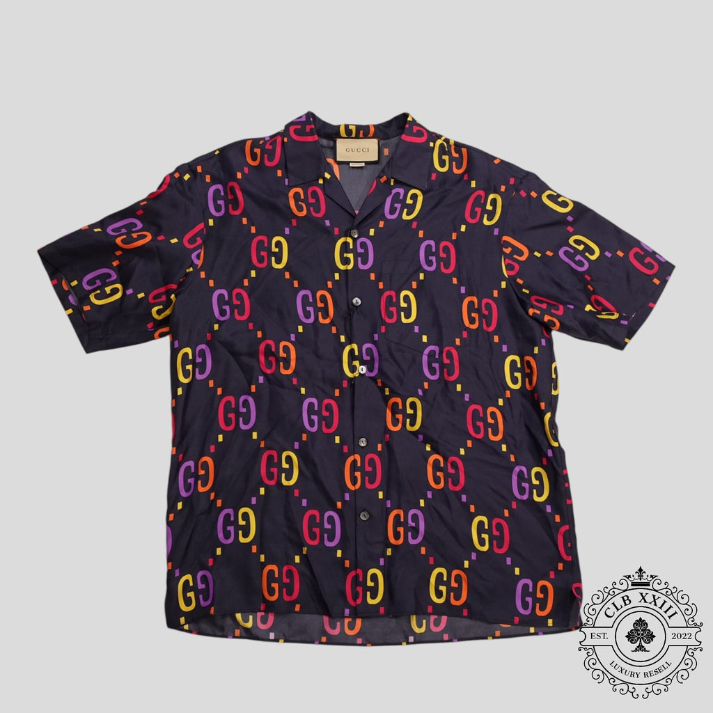 Gucci Jumbo GG Silk Button Up Shirt in Navy Blue/Multicolor men's 52 54