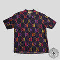 Gucci Jumbo GG Silk Button Up Shirt in Navy Blue/Multicolor men's 52 54