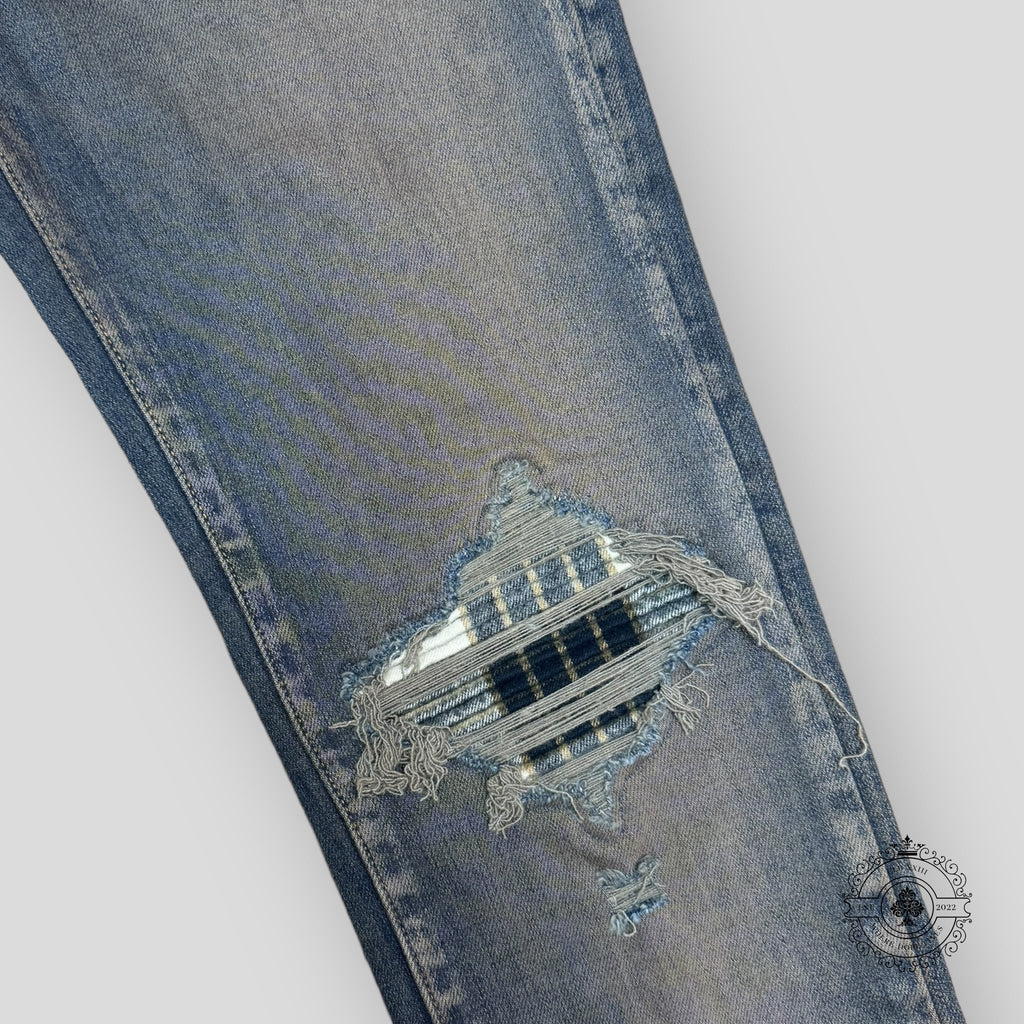 Amiri MX1 Plaid Patch Blue Jeans in Dark Indigo