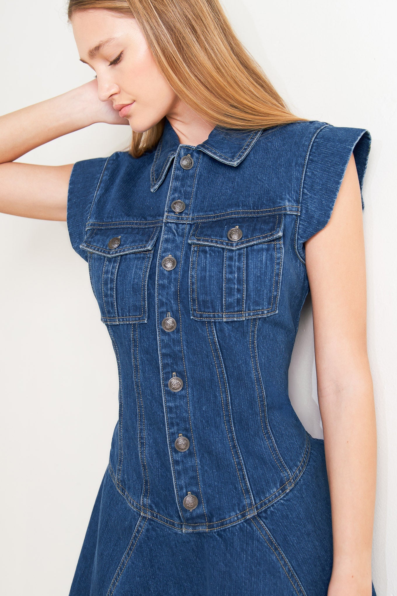 BLUE Jean CRUSH DENIM MINI DRESS Button up cotton Flying Tomato