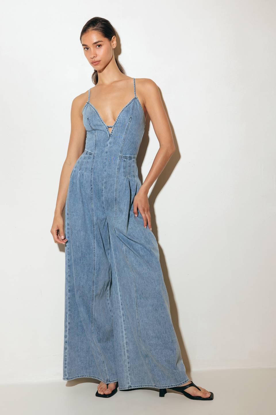 EASED LINE LIGHT DENIM JUMPSUIT Flying Tomato  Spaghetti Strap Wide Leg Blue Jean