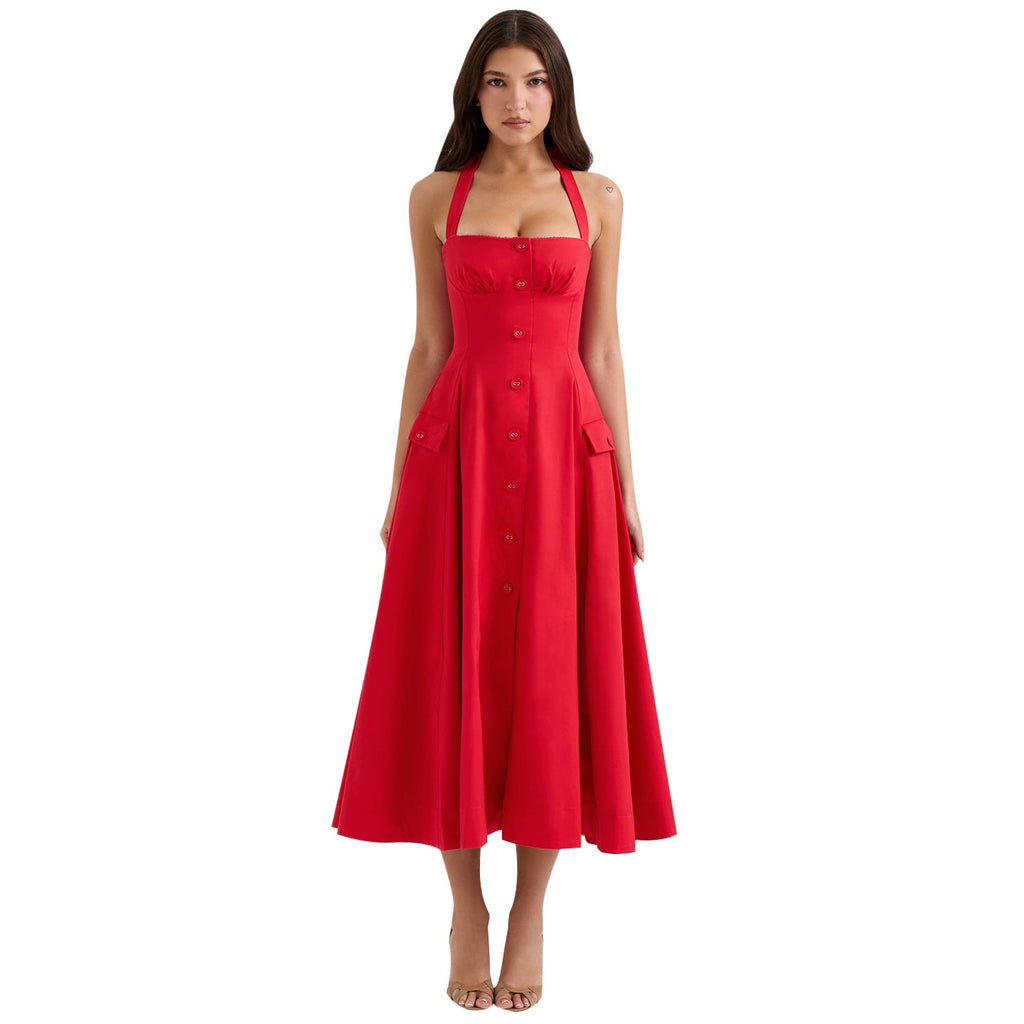 Fitted V-Neck Halter Dress For Women, Mid-waist, Midtown, BYMANYC New York.
