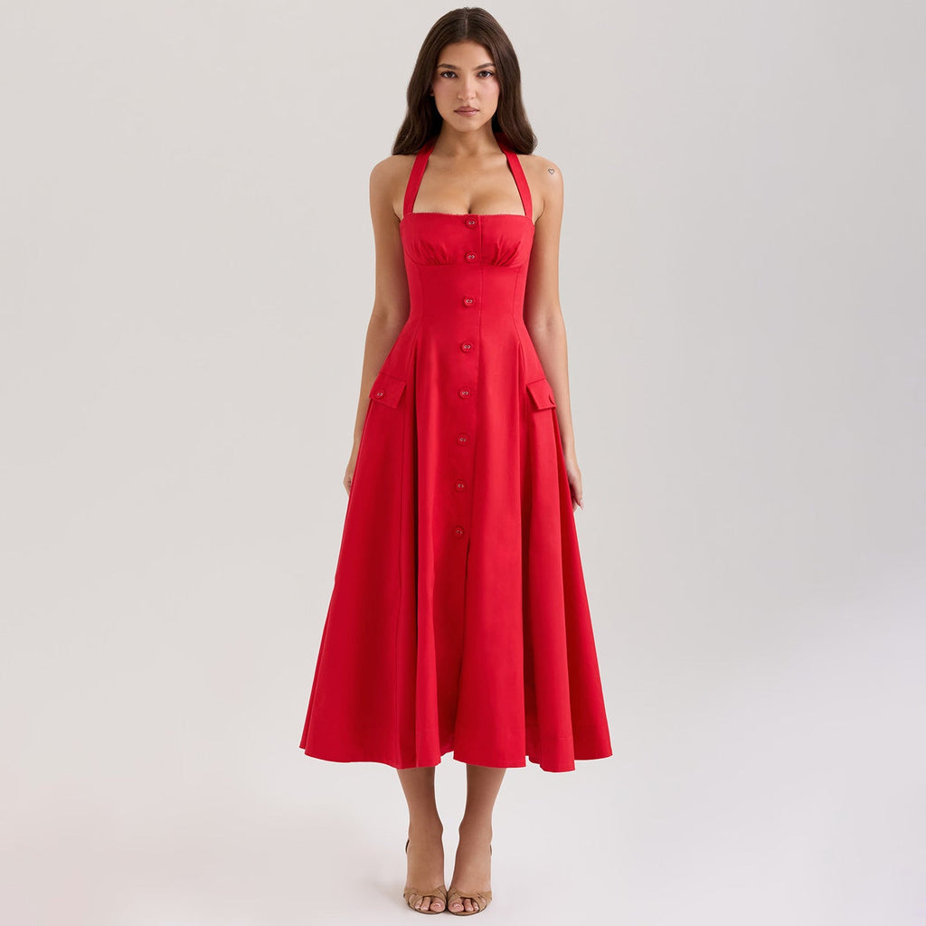 Fitted V-Neck Halter Dress For Women, Mid-waist, Midtown, BYMANYC New York.