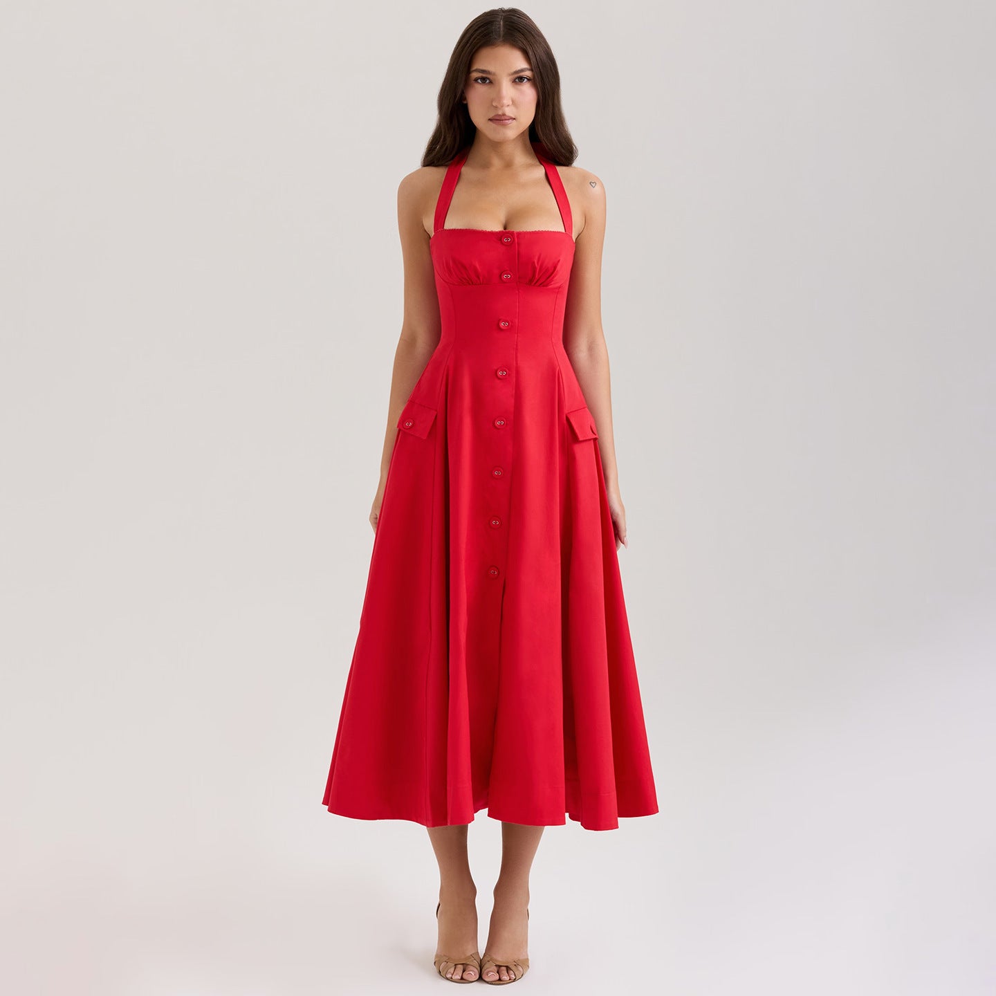 Fitted V-Neck Halter Dress For Women, Mid-waist, Midtown, BYMANYC New York.
