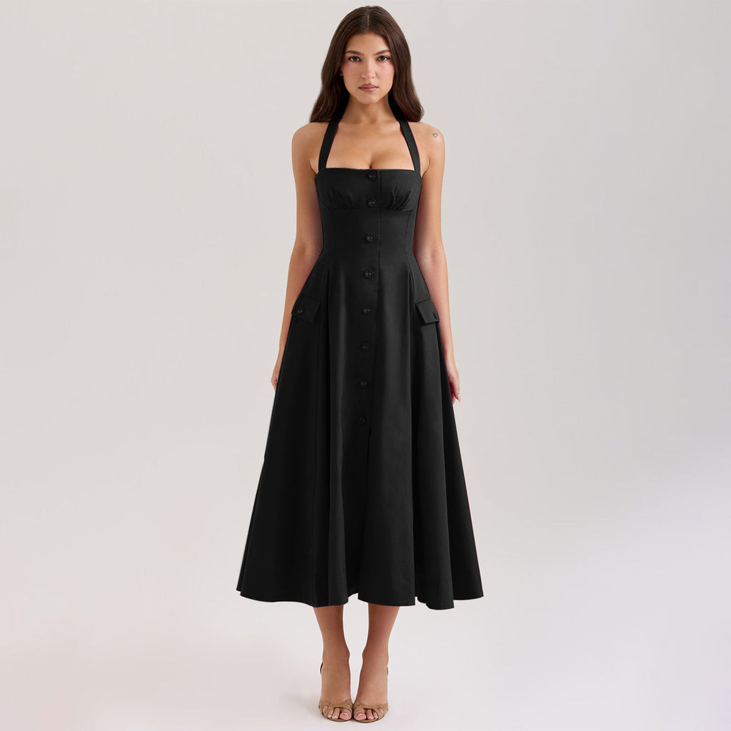 Fitted V-Neck Halter Dress For Women, Mid-waist, Midtown, BYMANYC New York.