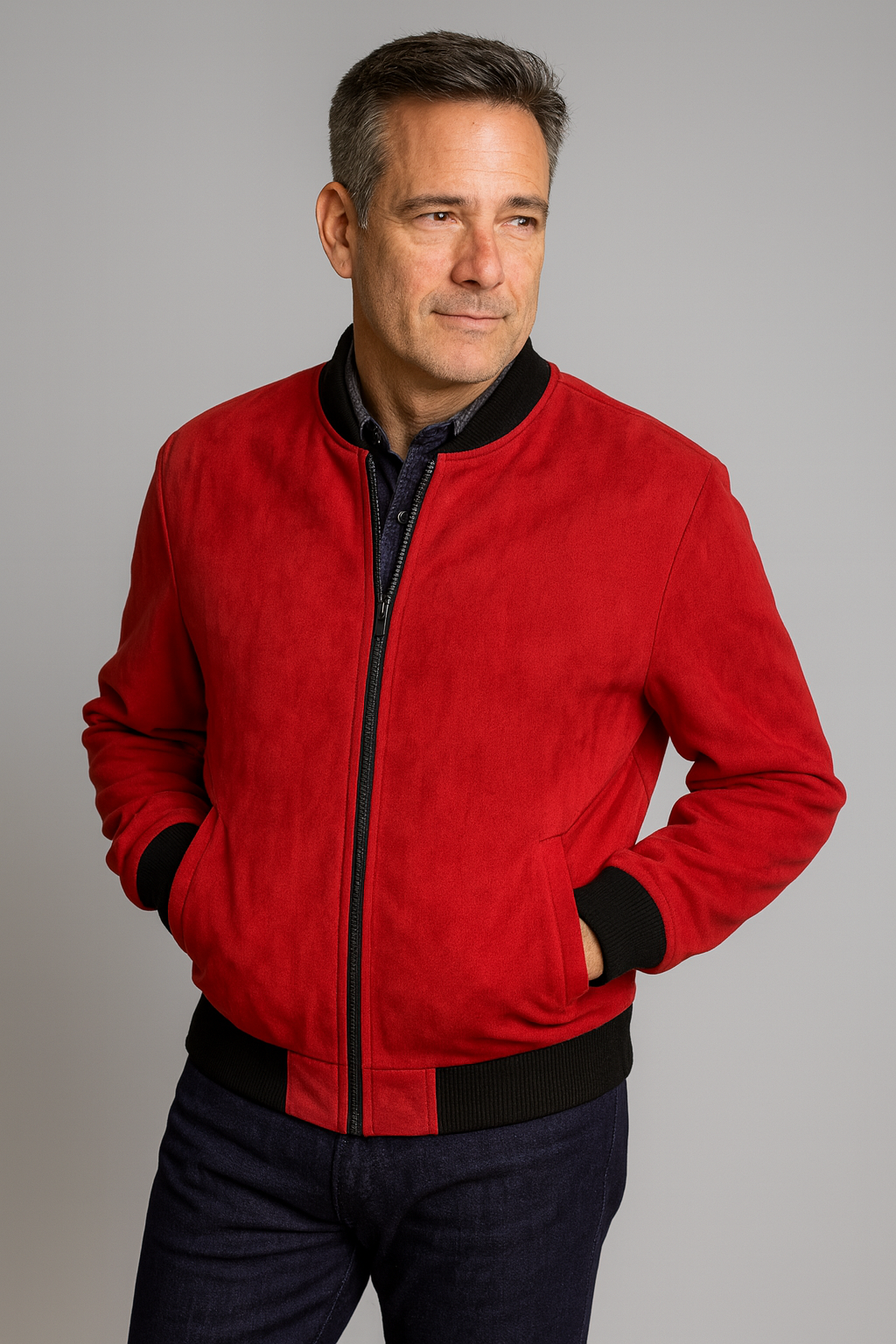 Baseball Jacket - Red Microfiber Men's Zip Coat Windbreaker Italy Gionfriddo