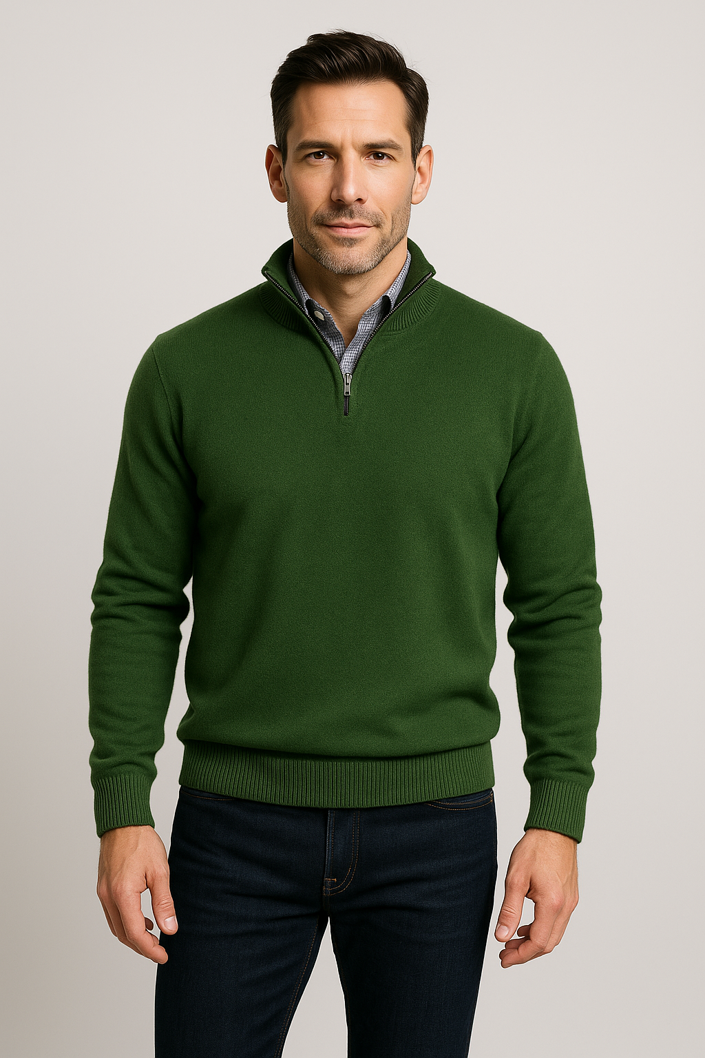 Quarter-Zip Pullover Sweater - FOREST Green Men's Cashmere Blend Italy Gianfriddo