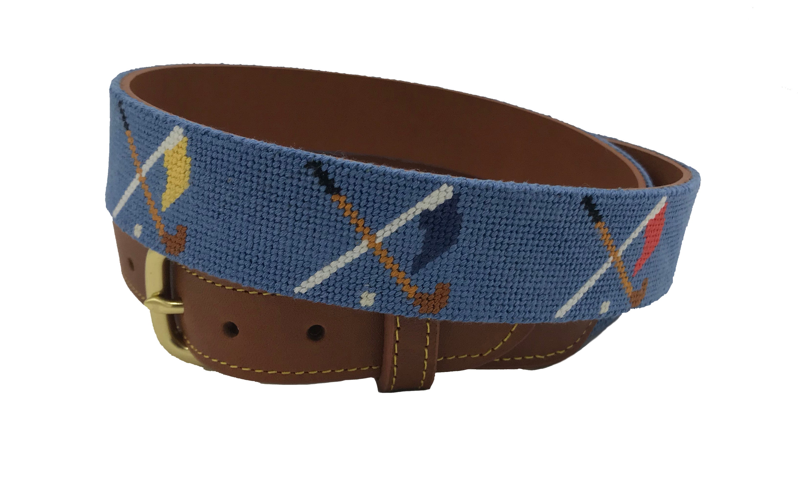Golf Clubs and Flags Crossed needlepoint men's Belt navy blue