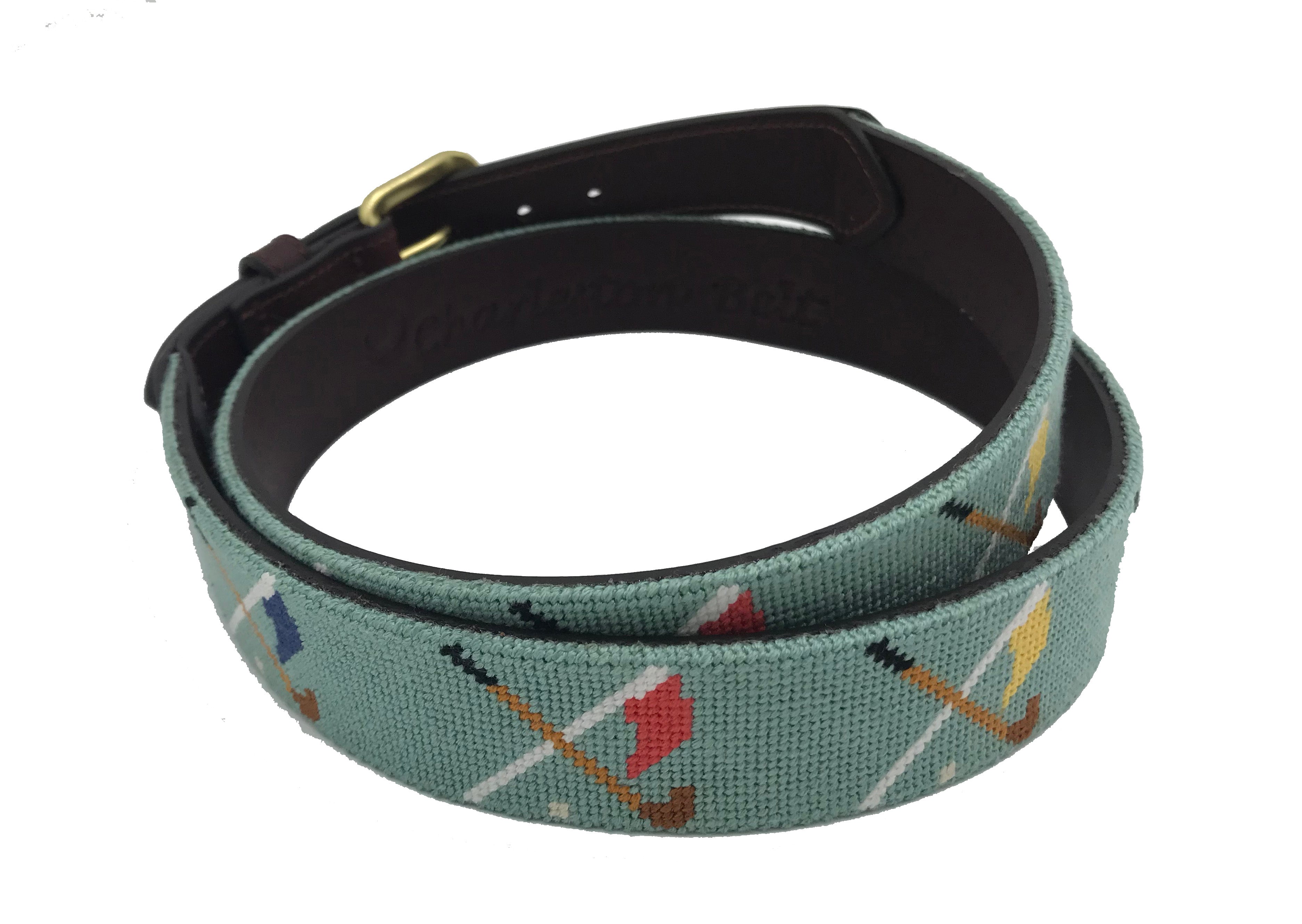 Golf Clubs and Flags Crossed needlepoint men's Belt navy blue