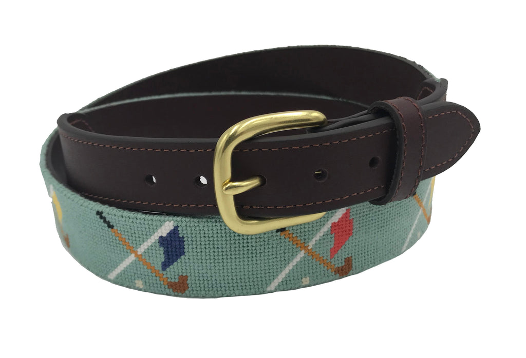 Golf Clubs and Flags Crossed needlepoint men's Belt navy blue