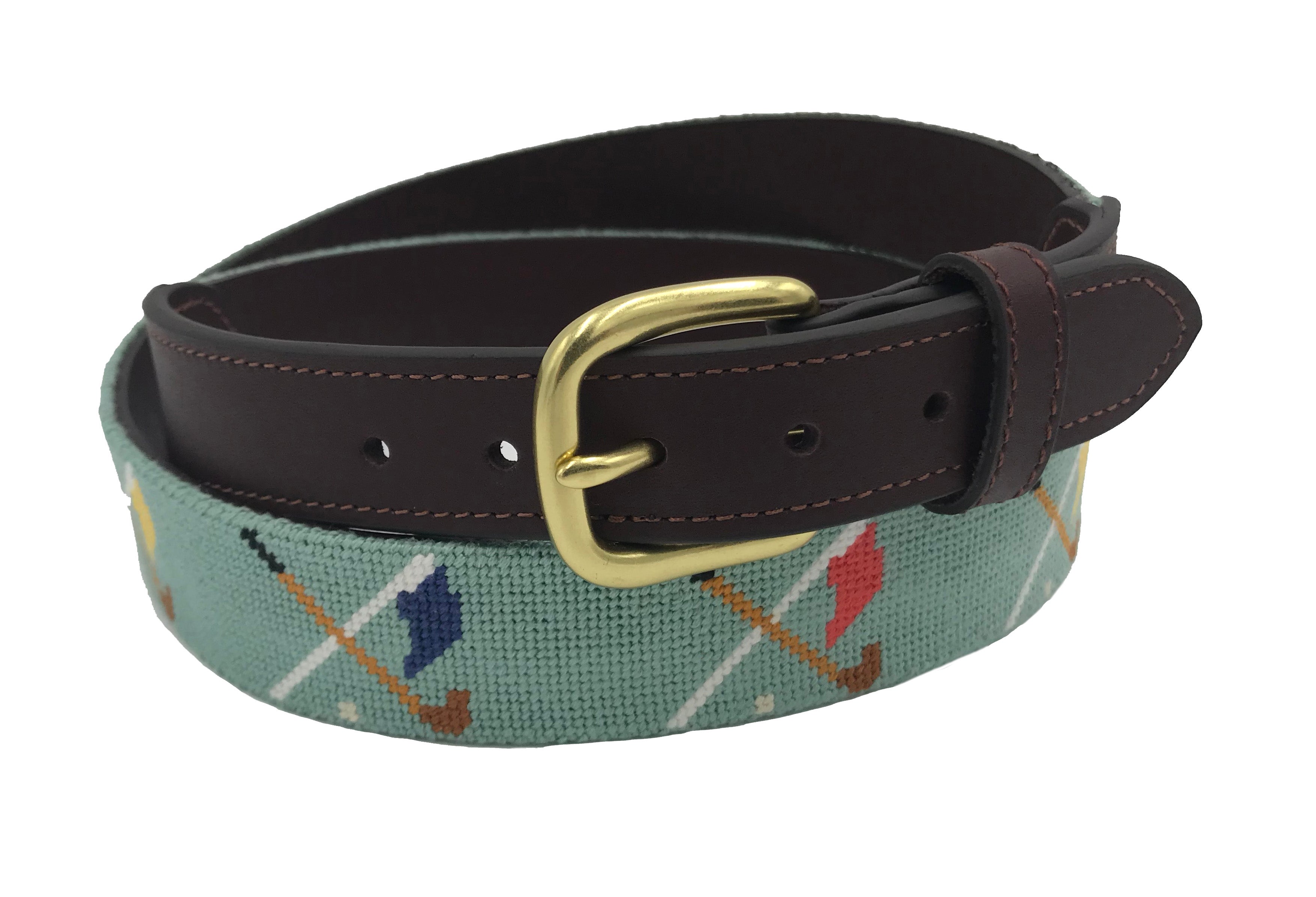 Golf Clubs and Flags Crossed needlepoint men's Belt navy blue