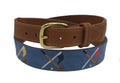 Golf Clubs and Flags Crossed needlepoint men's Belt navy blue