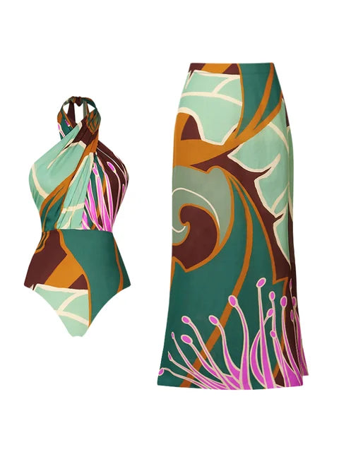 Halter One-Piece Swimsuit and Skirt set For Women, Tribeca, BYMANYC New York
