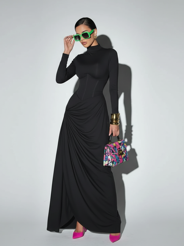 High Neck Waist-Cinched Slit Dress Elegant, Fifth Avenue, BYMANYC New York.