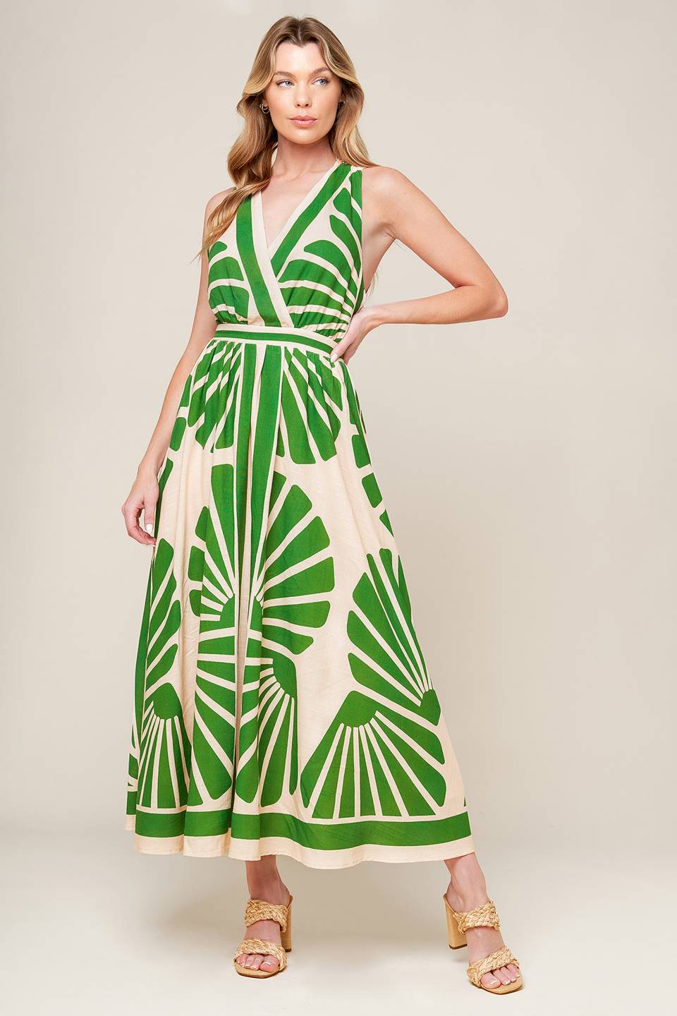 SWEPT ME OFF MY FEET GREEN WOVEN MIDI DRESS Tropical Flying Tomato Resort Linen