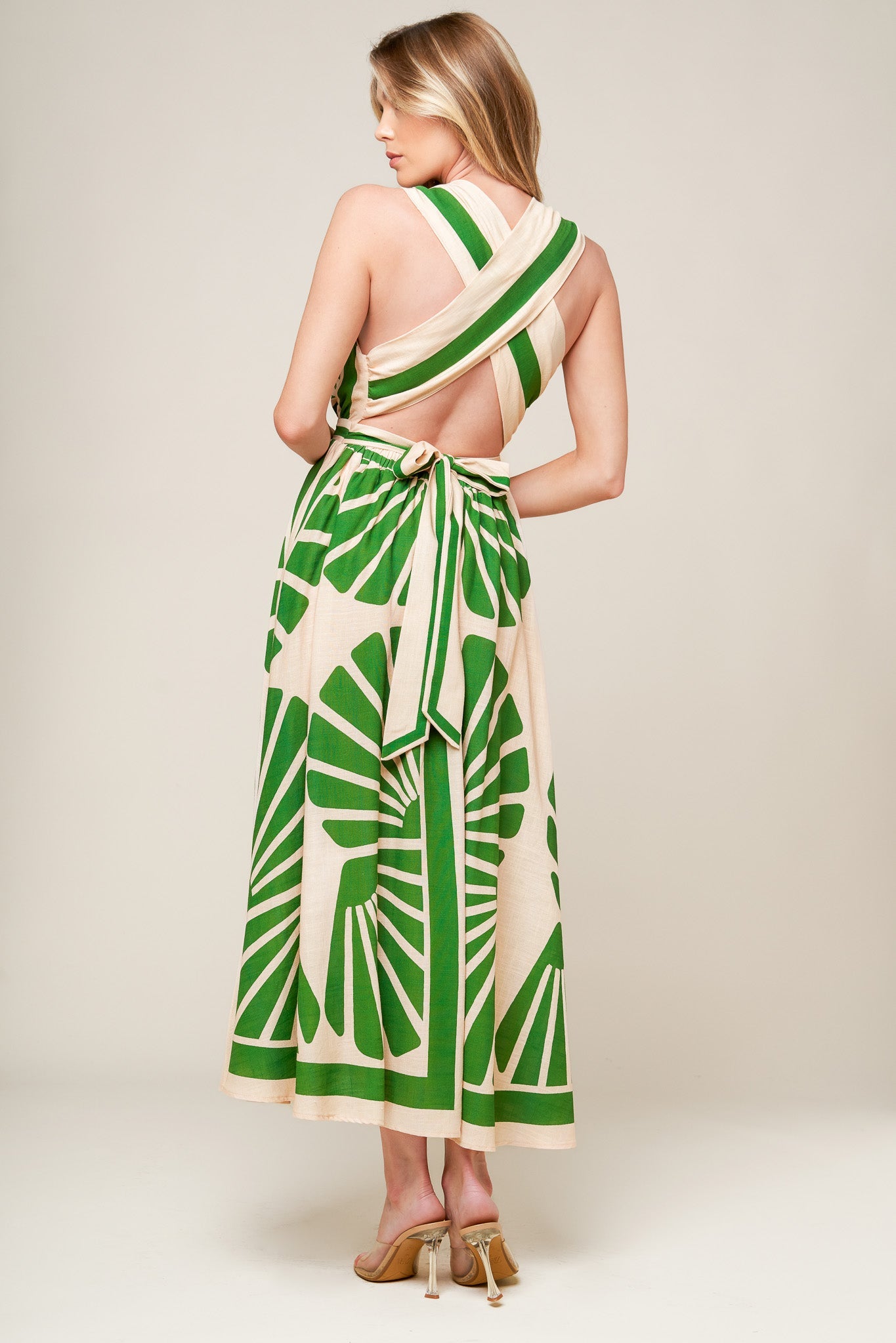 SWEPT ME OFF MY FEET GREEN WOVEN MIDI DRESS Tropical Flying Tomato Resort Linen