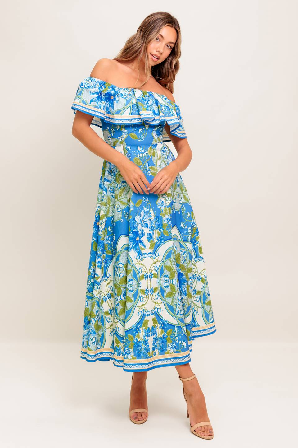 TROPICAL HAZE POWDER BLUE WOVEN MIDI DRESS Off the shoulder Blue Resort Beach Flying Tomato